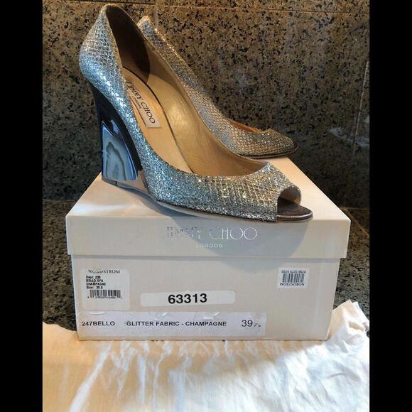 JIMMY CHOO BEllO Wedge Pump Shoes Champagne Glitter Bridal Shoe Euro 39.5 Us 9.5 - Picture 5 of 9